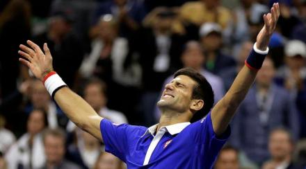 Novak Djokovic, of Serbia, reacts after defeating Roger Federer, of Switzerland, in the men's championship match of the U.S. Open tennis tournament, Sunday, Sept. 13, 2015, in New York. (AP Photo/David Goldman)