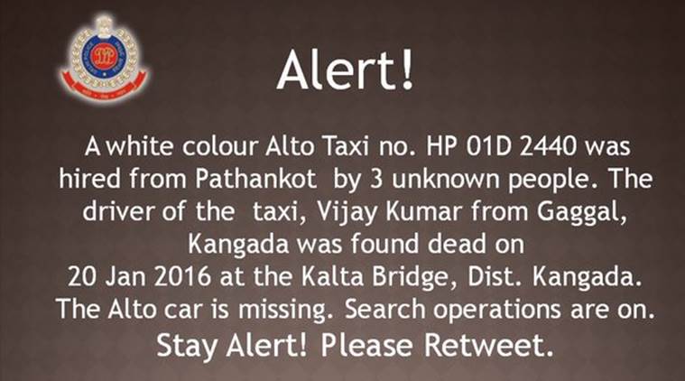 delhi police,Delhi police Issues Alert For Missing Car Hired From Pathankot,पठाणकोट हल्ला