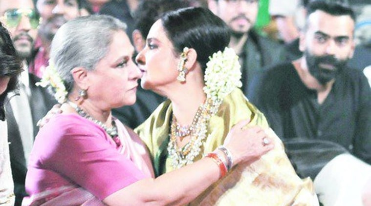 Rekha hugs Jaya Bachchan, Amitabh Bachchan, Jaya Bachchan