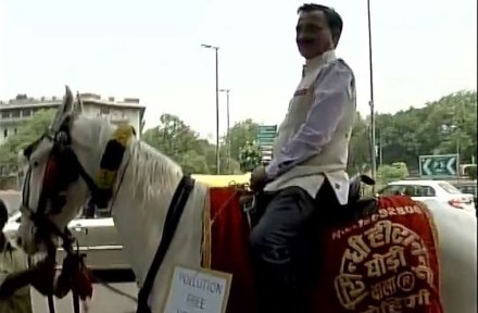 BJP MP rides a horse , Parliament, AAP, odd even scheme , Delhi, arvind kejriwal, Loksatta, Loksatta news, Marathi, Marathi news