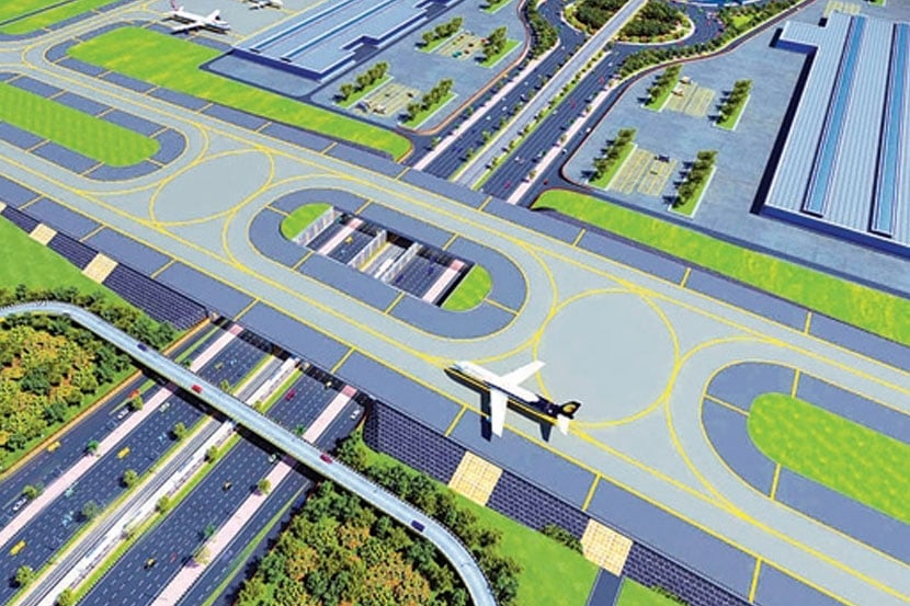 नवी मुंबई आंतरराष्ट्रीय विमानतळाचे संकल्पचित्र. 