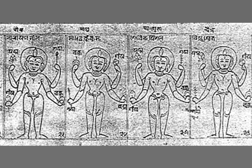 दुर्मीळ नेपाळी हस्तलिखितामध्ये महिन्यानुसार देवतांची रेखाचित्रे