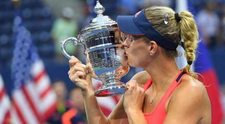 Sept 10, 2016; New York, NY, USA; Angelique Kerber of Germany celebrates with the trophy after defeating Karolina Pliskova of the Czech Republic in the women's final on day thirteen of the 2016 U.S. Open tennis tournament at USTA Billie Jean King National Tennis Center. Mandatory Credit: Robert Deutsch-USA TODAY Sports