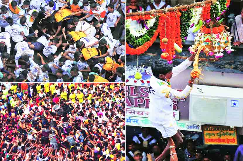 गोविंदांच्या सुरक्षेची खबरदारी घेण्याची हमी देण्यात आली असली तरी प्रत्यक्षात मंगळवारी मुंबईतील उत्सवाच्या ठिकाणी हे नियम पायदळी तुडवल्याचे दिसून आले.

(छायाचित्रे : निर्मल हरिंद्रन, केविन डिसुझा)