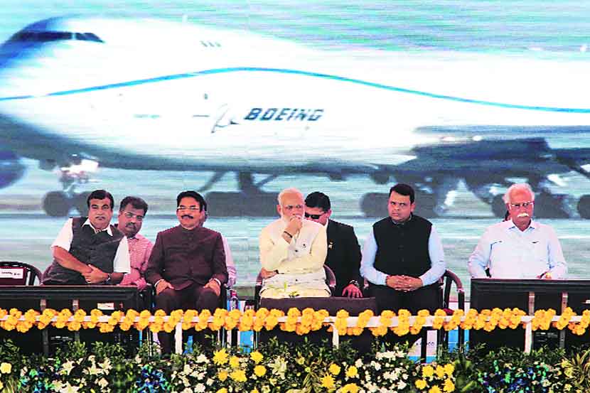 नवी मुंबई विमानतळाचे भूमिपूजन रविवारी पंतप्रधान नरेंद्र मोदी यांच्या उपस्थितीत झाले. (छाया- प्रशांत नाडकर)