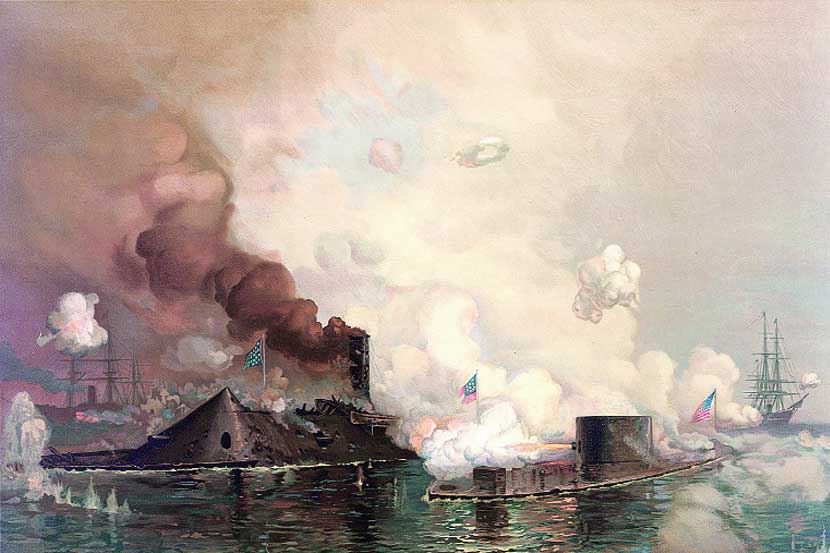 अमेरिकी गृहयुद्धादरम्यान व्हर्जिनिया (डावीकडे) आणि मॉनिटर युद्धनौकांचे द्वंद्व