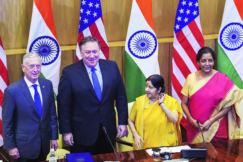 भारत आणि अमेरिका यांच्यात गुरुवारी नवी दिल्लीत दोन अधिक दोन (टू प्लस टू) स्तरीय बैठक झाली. परराष्ट्रमंत्री सुषमा स्वराज आणि संरक्षणमंत्री निर्मला सीतारामन आणि अमेरिकेचे परराष्ट्रमंत्री जिम मॅटिस आणि संरक्षणमंत्री माइक पॉम्पिओ हे बैठकीत सहभागी झाले होते.