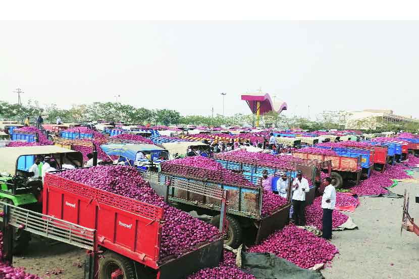 पिंपळगाव बसवंत बाजार समितीत आवक झालेला कांदा. प्रमुख बाजार समित्यांमध्ये हेच चित्र आहे.       (छाया - हेमंत थेटे)