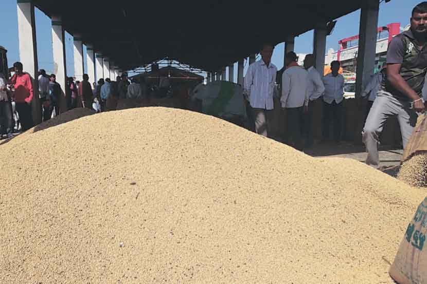 खामगाव बाजार समितीमध्ये विक्रीसाठी आलेले सोयाबीन.