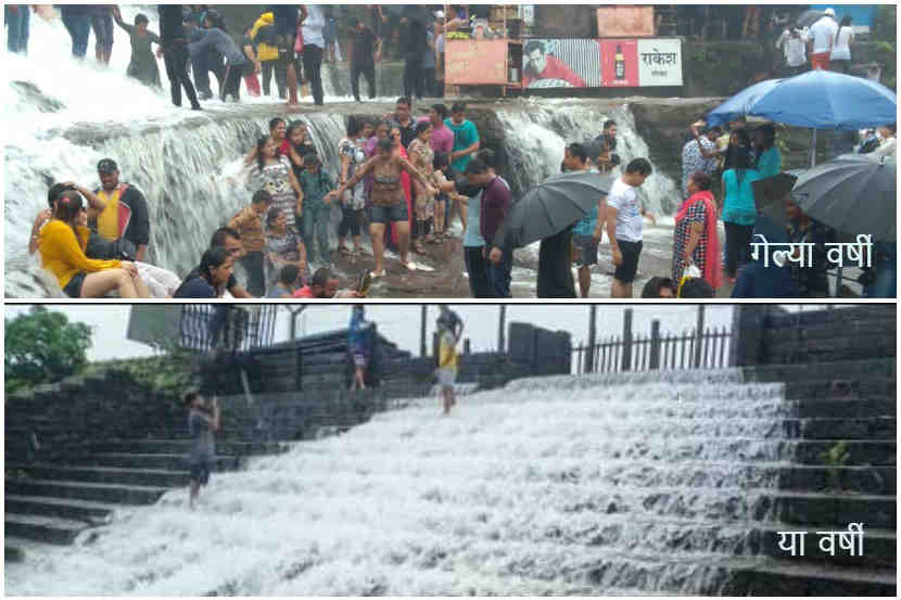 लोणावळा : संततधार पावसामुळे यंदा भुशी धरण ओव्हर फ्लो झाले आहे. मात्र, करोनाच्या पार्श्वभूमीवर पर्यटकांना येथे जाण्यास बंद घालण्यात आली आहे. गेल्या वर्षी याच काळात येथे पर्यटकांची वर्षाविहारासाठी तुडूंब गर्दी होती.