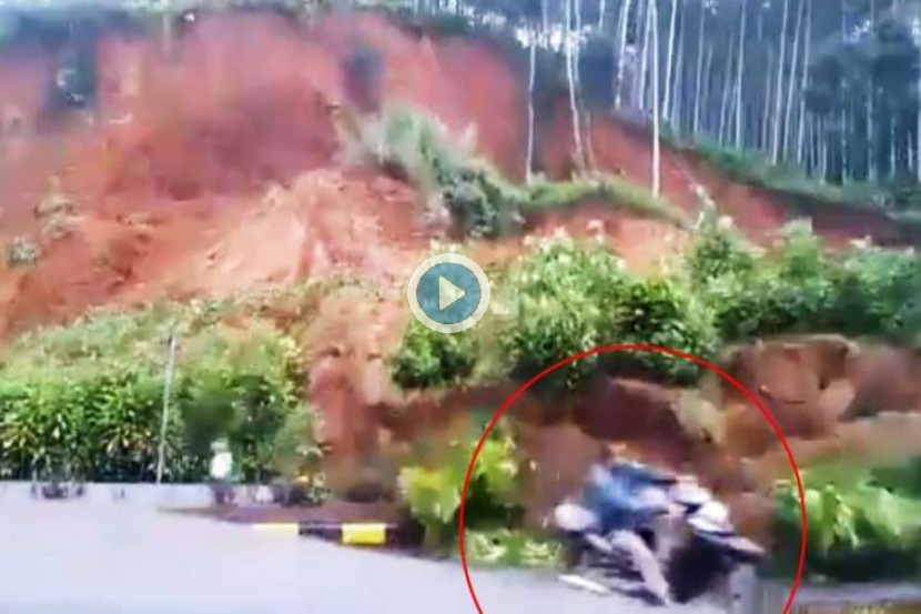 Video : दुचाकीस्वार वेगाने जात असतानाच डोंगरावरुन दरड कोसळली अन्…