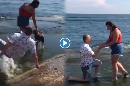 Viral Video : समुद्रकिनारी तरुणीला प्रपोज करायला जात होता ‘तो’, अचानक पाय घसरला अन्…