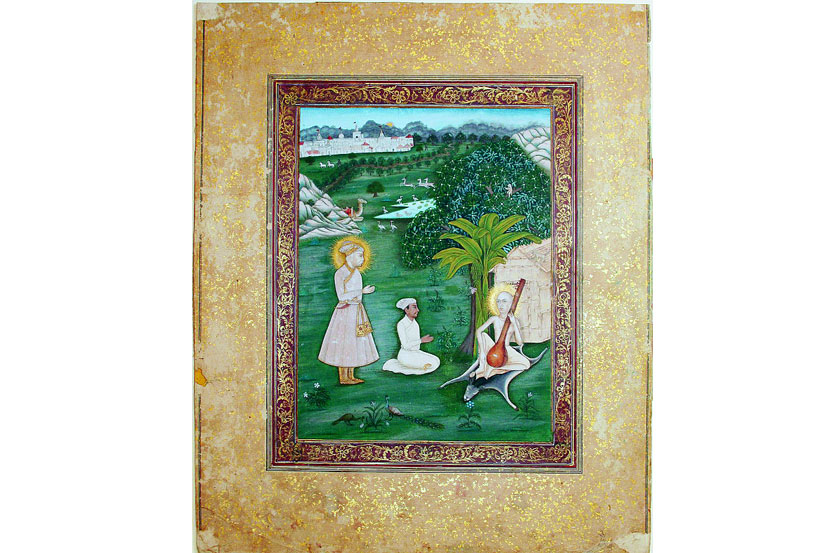 अकबर, तानसेन आणि गुरू हरिदास यांचे लघुचित्र (मुघल शैली)