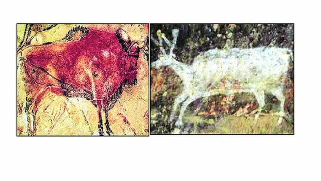 गुहाचित्रे : डावीकडे अल्टामिरा - स्पेन (१८ हजार वर्षांपूर्वी) आणि उजवीकडे भीमबेटका- मध्य प्रदेश, भारत (१० हजार वर्षांपूर्वी) येथील.