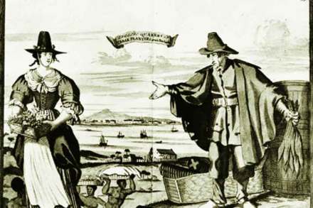 बार्बाडोस : तंबाखूमळ्यांचे युरोपीय मालक आणि (तळाला, डावीकडे) स्थनिक गुलाम.