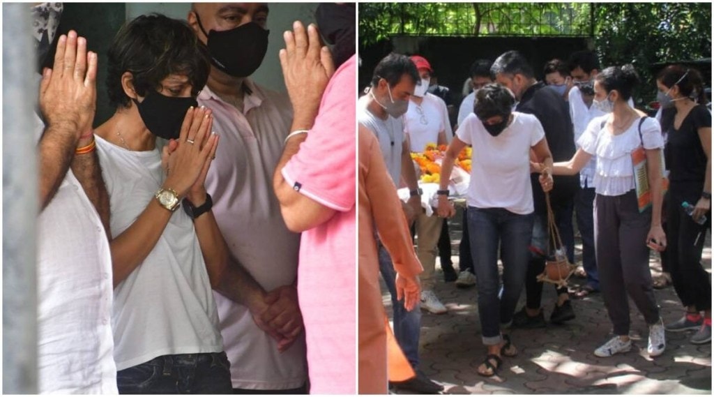 mandira-bedi-holds-husband-raj-kaushal-bier-his-funeral