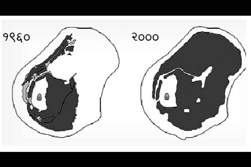सन १९६० ते २००० या चार दशकांत नाउरुत वाढता खाणप्रदेश (करड्या रंगात)