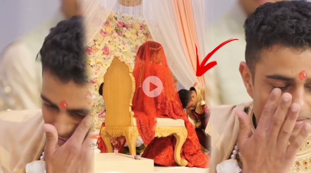 Groom cries at wedding after looking at bride