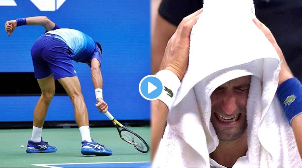 us open 2021 novak djokovic crying into his towel after smashing a racket