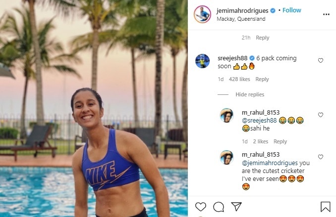 21 year old indian women cricketer jemimah rodrigues posted swimming pool photo indian hockey goalkeeper pr sreejesh comments on it