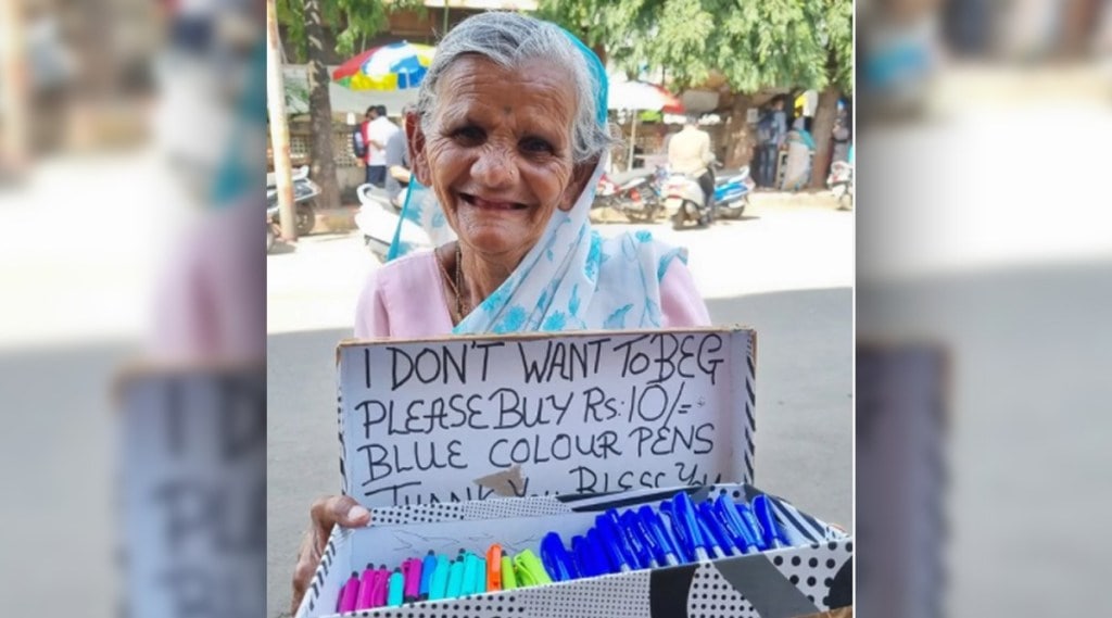 Grandma selling pen on street