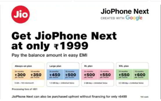 ज्या ग्राहकांना JioPhone Next खरेदी करायचा आहे त्यांच्यासाठी Jioने चार EMI प्लॅन ऑफर करत आहे. यामध्ये Always-On प्लान, Large प्लान, XL प्लान आणि XXL प्लान. या ईएमआय योजना डेटा आणि कॉलिंग फायद्यांसह जीओच्या ग्राहकांना मिळणार आहेत.
