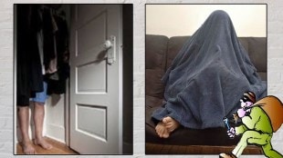 man hide under blanket