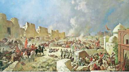 रशियन सैनिकांनी १८६८ मध्ये समरकंद घेतले, त्याचे निकोलाय कॅराझीन यांनी काढलेले चित्र. सौजन्य: विकिपीडिया