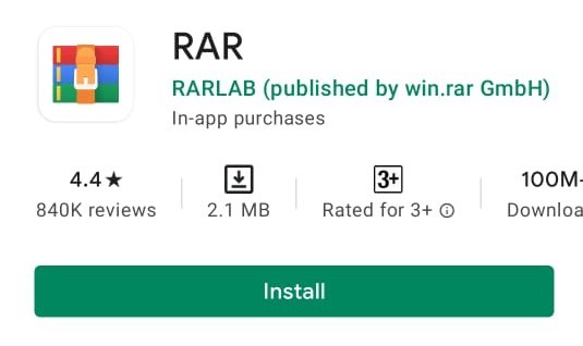 स्टेप २: गुगल प्ले स्टोरवर जा आणि RAR अॅप डाउनलोड करा आणि सेट करा. आपण संपूर्ण व्हॉट्सअॅप डेटा कॉम्प्रेस करण्यासाठी आणि ती एकच फाइल बनवण्यासाठी वापरणार आहोत. आपण आपल्या आवडीचे इतर कोणतेही अॅप देखील निवडू शकता.