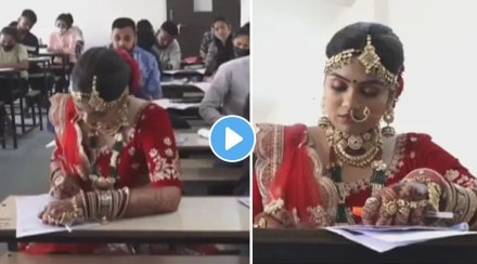 bride in lehenga gives exam