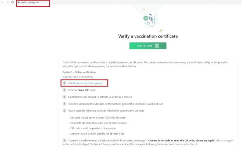 ऑनलाईन व्हेरिफिकेशनसाठी सर्वात प्रथम https://verify.cowin.gov.in/ वेबसाइटवर जा.