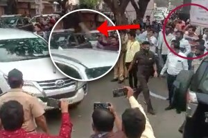 Video Slippers thrown at bjp Devendra Fadnavis car in Pimpri Chinchwad