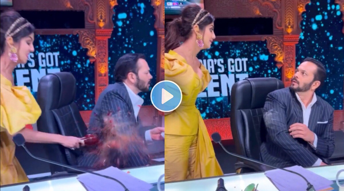 shilpa shetty, rohit shetty, shilpa shetty video, shilpa shetty break the bottle on rohit shetty, indias got talent, रोहित शेट्टी, शिल्पा शेट्टी, इंडियाज गॉट टॅलेंट, शिल्पा शेट्टी इन्स्टाग्राम, शिल्पा शेट्टी व्हिडीओ