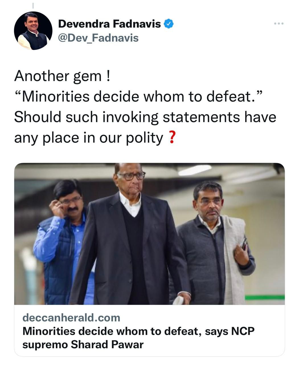 Devendra Fadanvis Slams NCP Chief Connecting different statements of Sharad Pawar with constitution