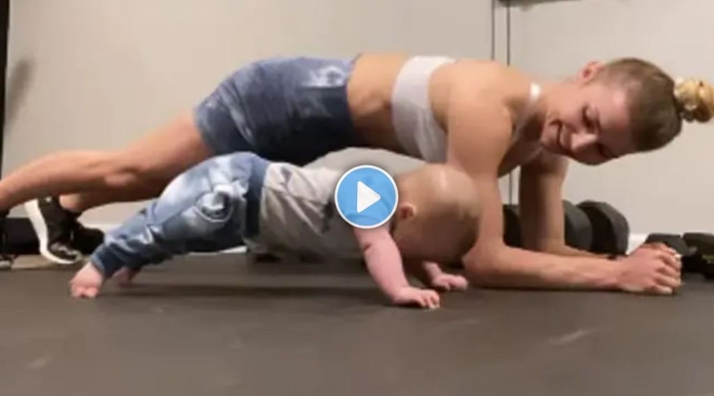 Mother and son exercise video