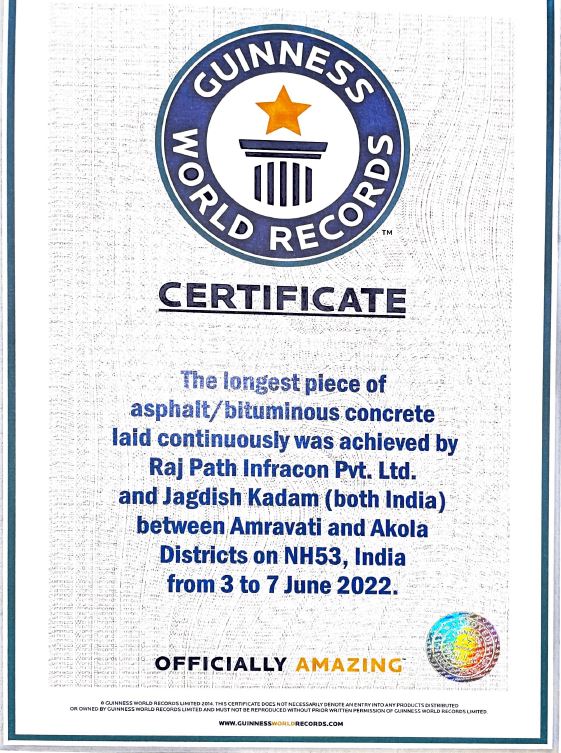 India NHAI Sets Guinness World Record For Laying 75 Km Highway between Amravati to Akola In Just 5 Days