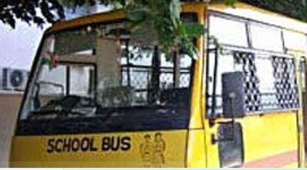 school bus stuck in flooded water