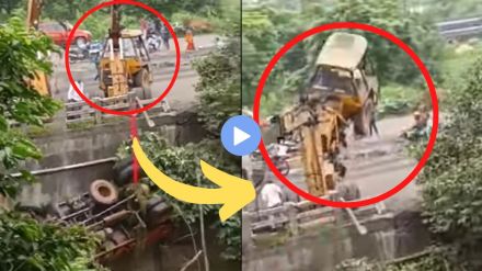 viral video truck crane fell into river