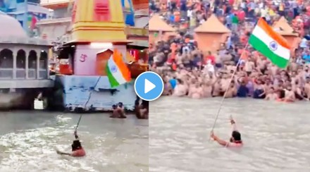 Man hoists tricolor in river Ganga at Har Ki Pauri ghat in Haridwar