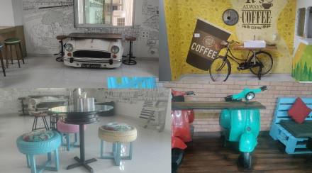Old scooters, breakfast tables on cars, wash basins on bicycles; Mahametro canteen made from waste materials