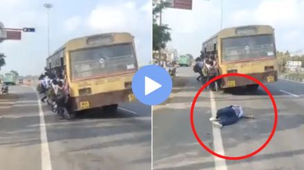 school boy falling off bus