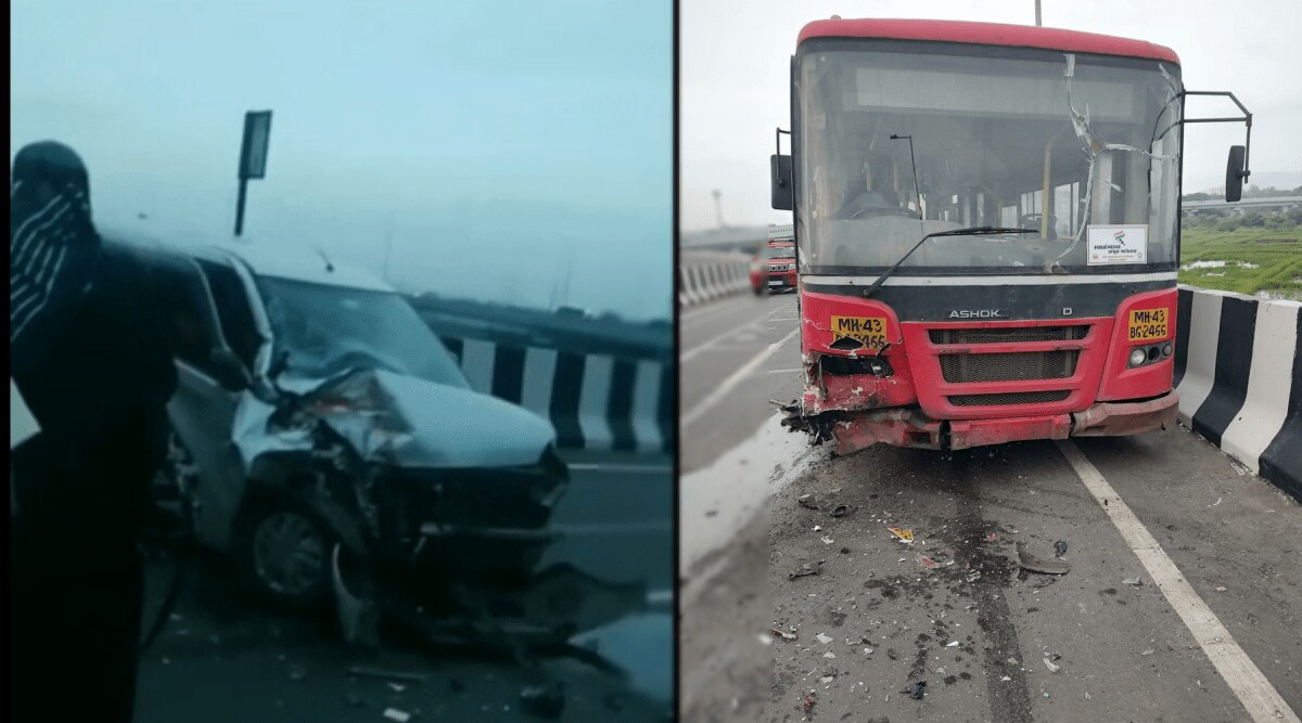 N.M.M.T Bus and Wagoner car accident on on Karal bridge navi mumbai