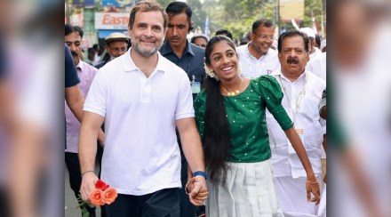 Rahul Gandhi with a supporter during the Bharat Jodo Yatra