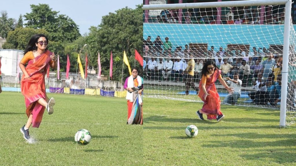 Mahua Moitra playing football wearing a saree