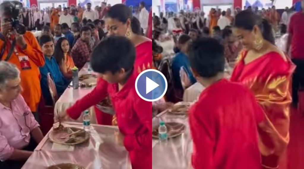 सार्वजनिक नवरात्रोत्सवात मुलगा युगने वाढलं जेवण, व्हिडीओ शेअर करत काजोल म्हणाली “चूका होतात पण…”