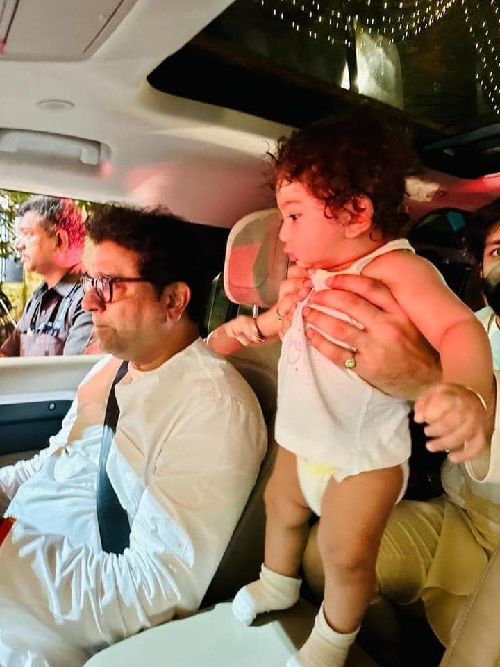 raj thackeray car drive with grandson Kian Amit Thakceray after mns shivaji park deepotsav ignoration by cm eknath shinde dcm devendra fadnavis