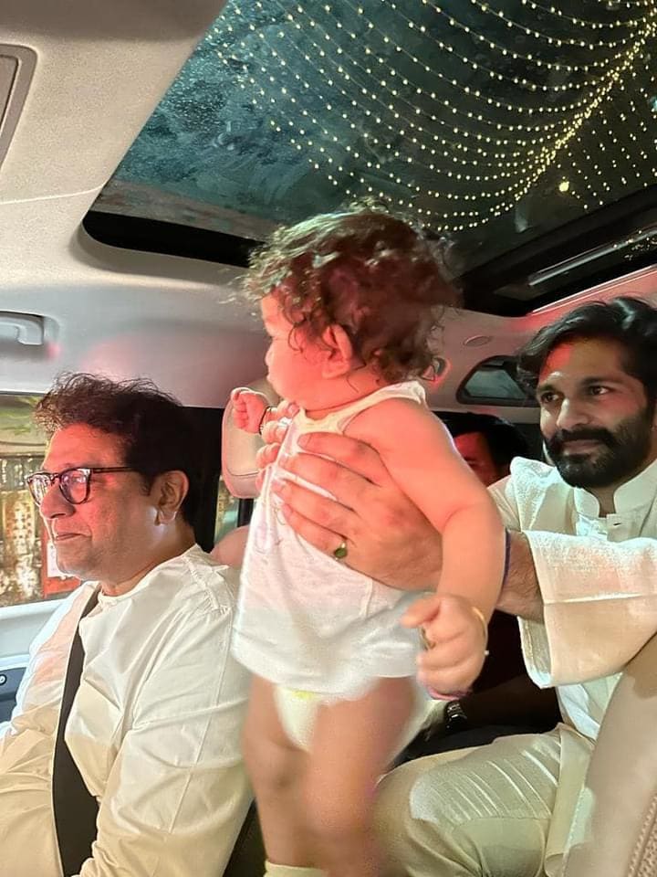 raj thackeray car drive with grandson Kian Amit Thakceray after mns shivaji park deepotsav ignoration by cm eknath shinde dcm devendra fadnavis