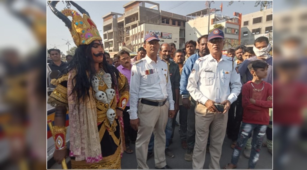 Awareness on traffic rules on roads by an artist dressed as Yamaraja in Amravati