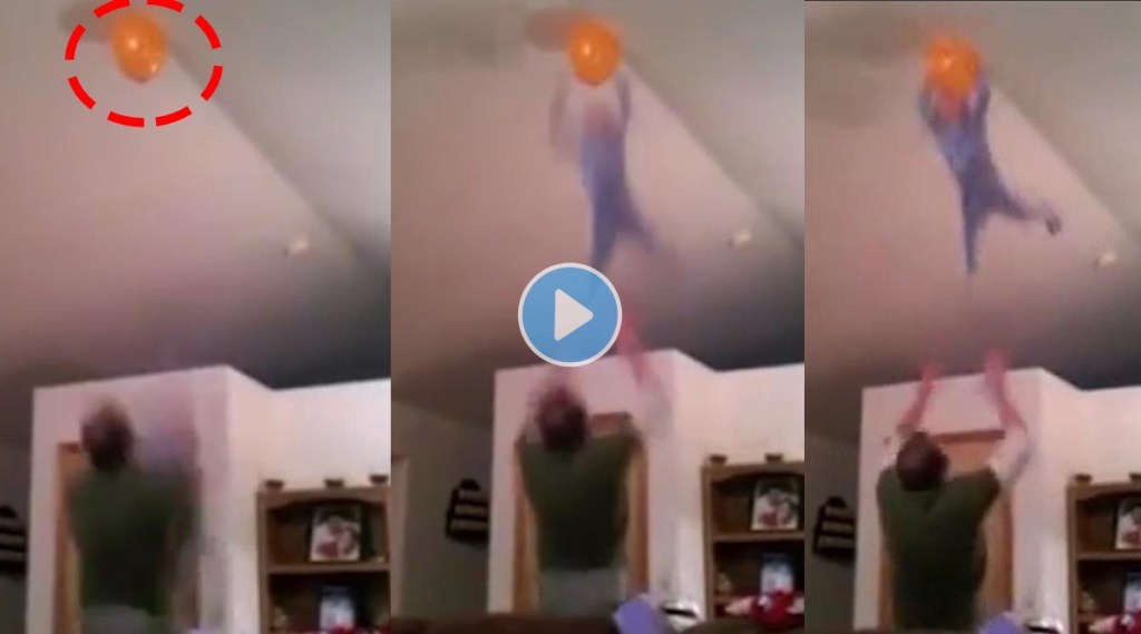 Netizens give Mixed reactions to viral video father throwing son to fetch a balloon stuck in the ceiling