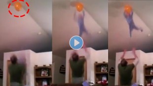 Netizens give Mixed reactions to viral video father throwing son to fetch a balloon stuck in the ceiling